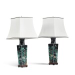 A pair of famille-noir square-form vases Qing dynasty, 19th century | 清十九世紀 墨地素三彩花鳥紋方瓶一對