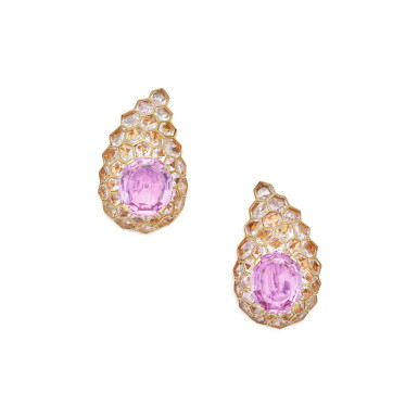 View full screen - View 1 of Lot 133. Pair of Pink Topaz, Morganite and Rock Crystal Earclips, France | Suzanne Belperron | 一對粉紅色托帕石、摩根石及白水晶耳夾,法國.