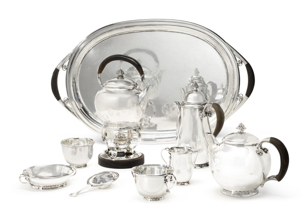 View full screen - View 1 of Lot 435. A Six Piece Danish Silver Coffee and Tea Service Set on Tray, No. 32, Designed by Georg Jensen, Georg Jensen Silversmithy, 1933-44.