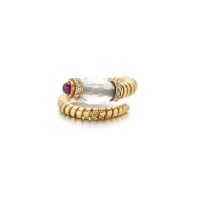 View full screen - View 1 of Lot 104. Bulgari, Rock crystal, ruby and diamond ring (Anello in cristallo di rocca, rubino cabochon e diamanti,Bulgari).