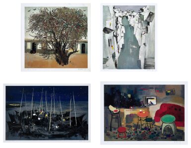 View full screen - View 1 of Lot 705. Wu Guanzhong 吳冠中 | i. Landlord's house ii. Water alley iii. Night of the sea iv. British country hotel i. 房東家 ii. 水巷 iii. 夜之海 iv. 英國鄉村酒店.