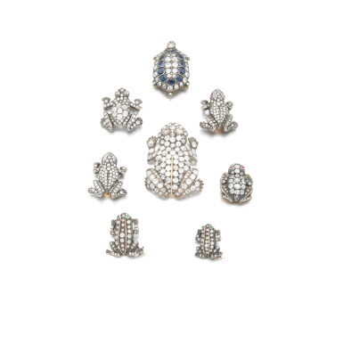 View full screen - View 1 of Lot 949. Seven diamond brooches and one sapphire and diamond brooch.