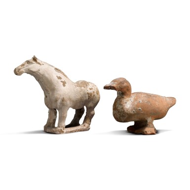 View full screen - View 1 of Lot 109. Two painted pottery animals, Tang dynasty.
