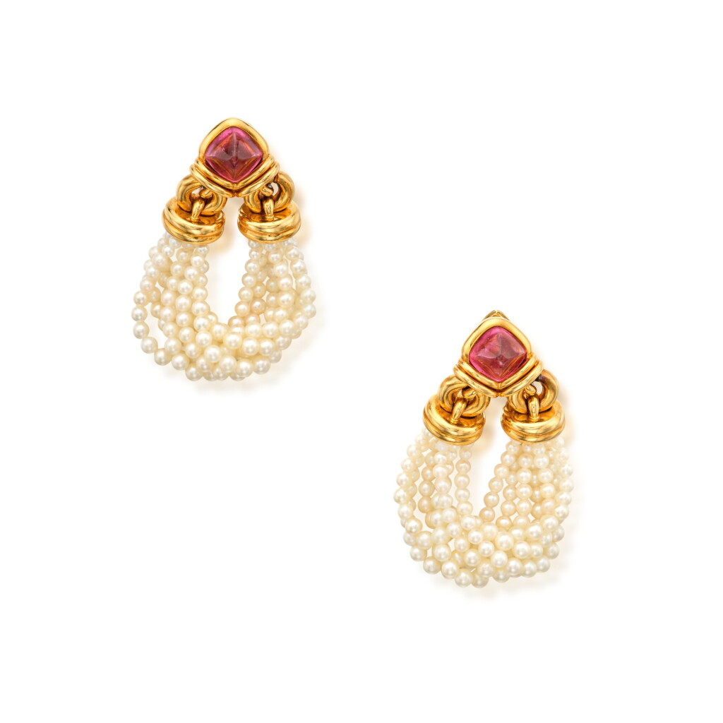 View full screen - View 1 of Lot 252. Pair of Gold, Tourmaline and Seed Pearl Earclips.