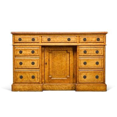 View full screen - View 1 of Lot 670. A Victorian maple and tulipwood-banded kneehole desk, circa 1890.