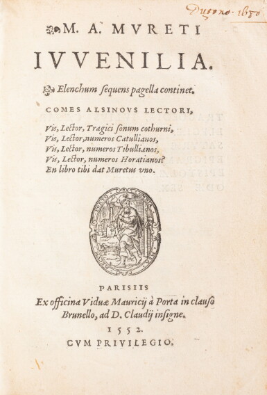 View full screen - View 1 of Lot 14. Juvenilia. Paris, 1552. Édition originale du premier ouvrage publié par Marc-Antoine Muret. In-8. Vélin du début du XVIIe siècle..