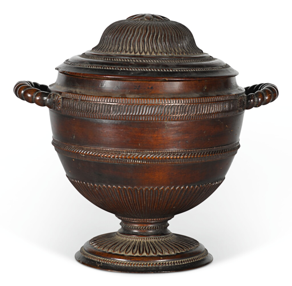 View full screen - View 1 of Lot 63. A GEORGE III TURNED FRUITWOOD LIDDED URN, PROVINCIAL, LATE 18TH/EARLY 19TH CENTURY.