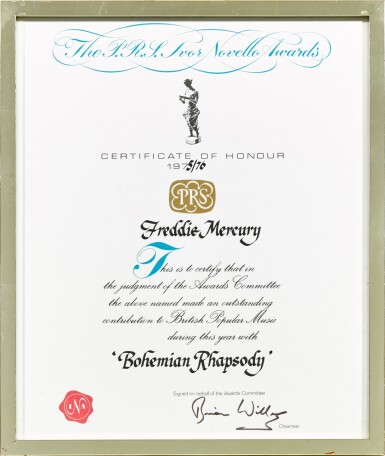 View full screen - View 1 of Lot 2041. Freddie Mercury's Ivor Novello 'Certificate Of Honour' For 'Bohemian Rhapsody'.