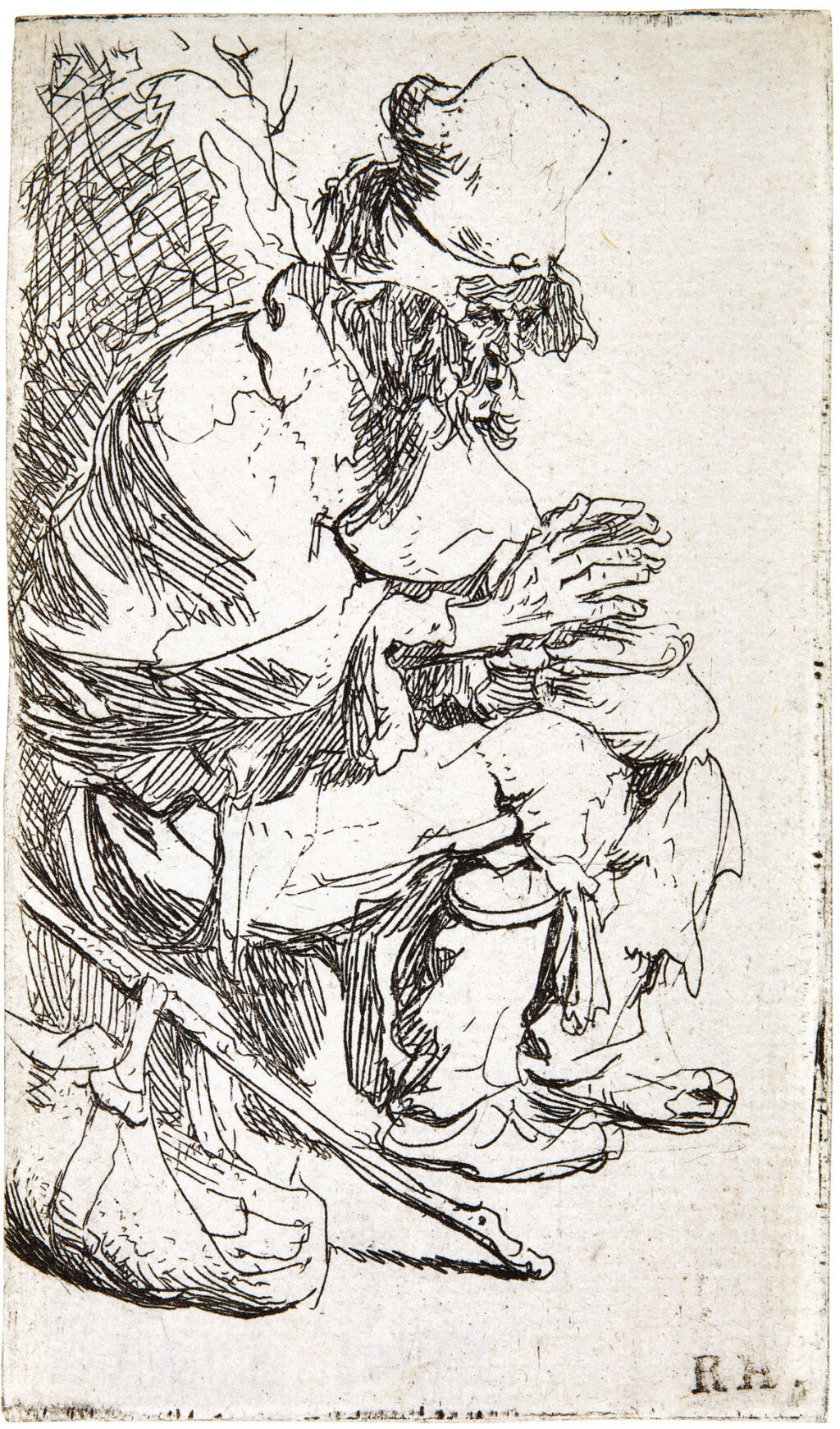 View full screen - View 1 of Lot 44. REMBRANDT HARMENSZ. VAN RIJN | BEGGAR SEATED WARMING HIS HANDS AT A CHAFING DISH (B., HOLL. 173; NEW HOLL. 44; H. 8).