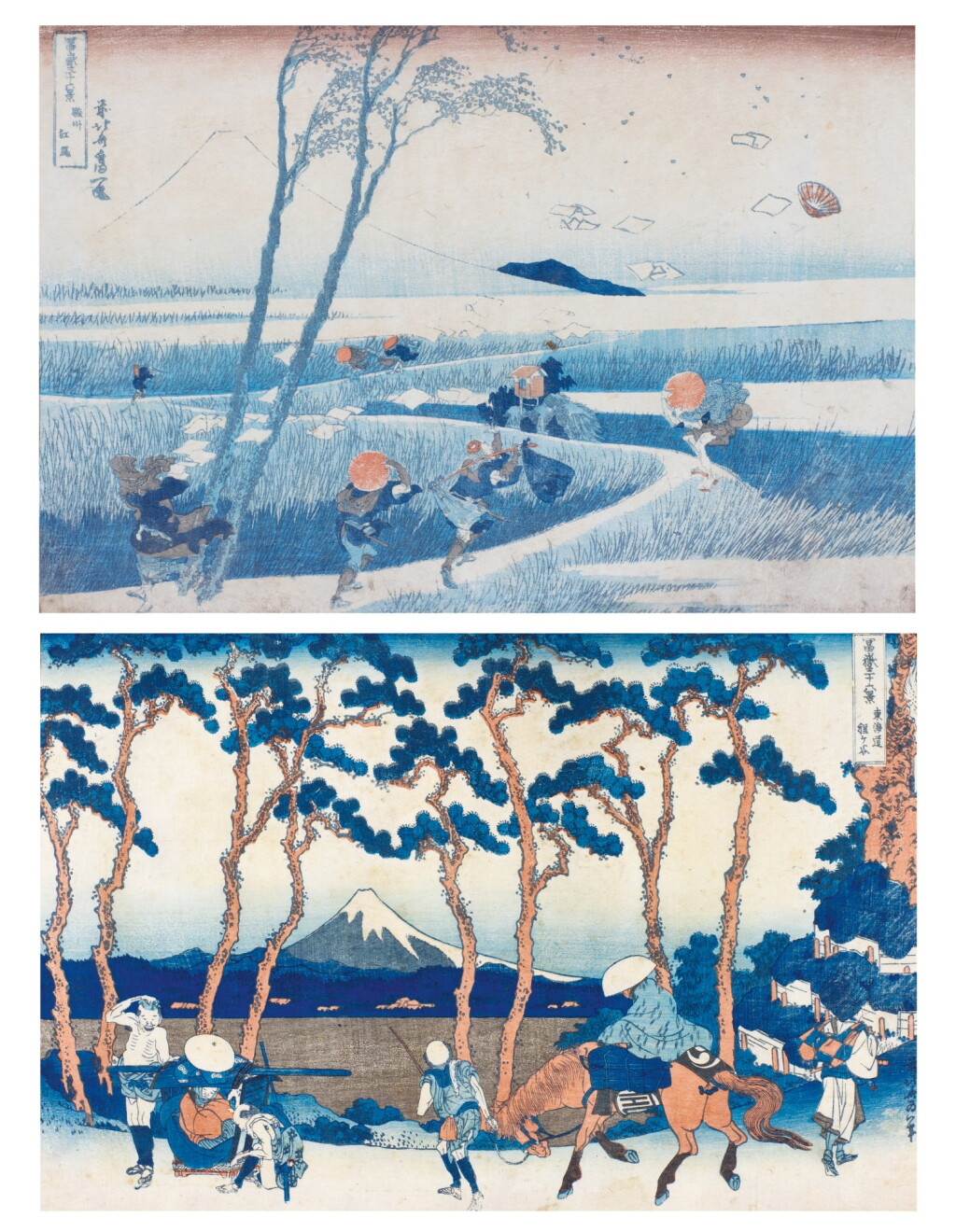 View full screen - View 1 of Lot 33. KATSUSHIKA HOKUSAI (1760–1849), TWO PRINTS: EJIRI IN SURUGA PROVINCE (SUNSHÛ) AND HODOGAYA ON THE TÔKAIDÔ (TÔKAIDÔ HODOGAYA) | EDO PERIOD, 19TH CENTURY.