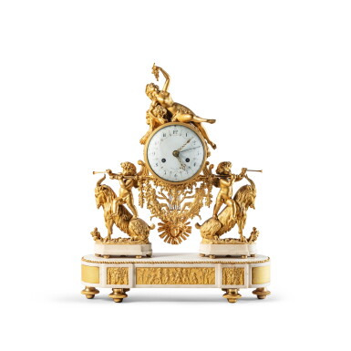 View full screen - View 1 of Lot 24. A late Louis XVI gilt-bronze and white marble Bacchante clock, circa 1790, the dial signed by Jean-Baptiste-Gabriel Dubuc, known as Dubuc le jeune.