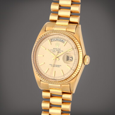 View full screen - View 1 of Lot 395. Day-Date, Reference 1803 | A yellow gold wristwatch with day, date and bracelet | Circa 1969.