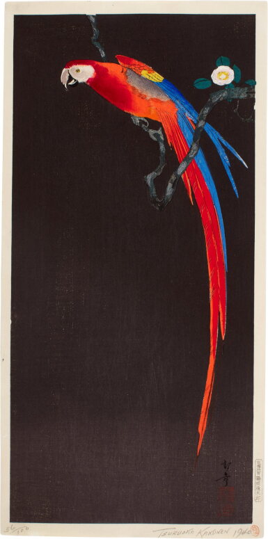 View full screen - View 1 of Lot 42. Tsuruoka Kakunen (1892-1977) | Macaw on a flowering branch | Showa period, 20th century .