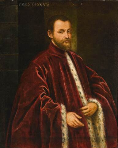 View full screen - View 1 of Lot 21. Portrait of a Venetian senator, three-quarter-length, wearing ermine-lined, red velvet robes.