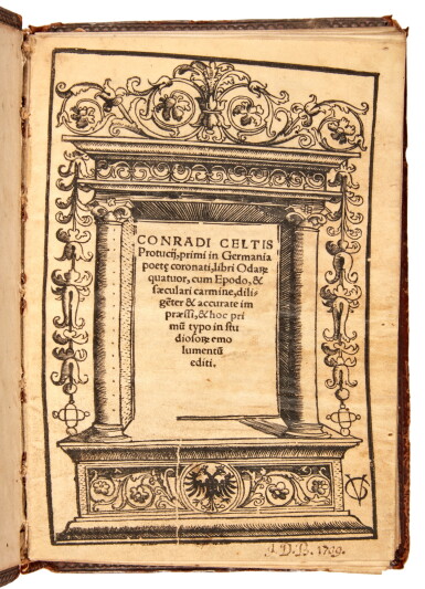 View full screen - View 1 of Lot 1053. Celtis, Libri Odarum quatuor, Strassburg, 1513, printed on vellum, German gilt-stamped calf.