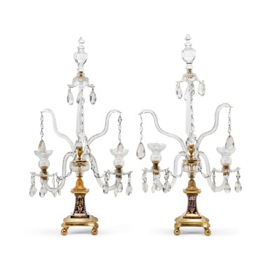 View full screen - View 1 of Lot 362. A Pair of George III Gilt Brass Mounted Cobalt and Colorless Glass Two-Light Candelabra, Attributed to Parker and Perry, Circa 1790.