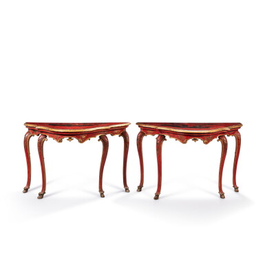 View full screen - View 1 of Lot 60. A pair of Italian red and gold lacquered wood demi-lune console tables, Venice, 18th century.