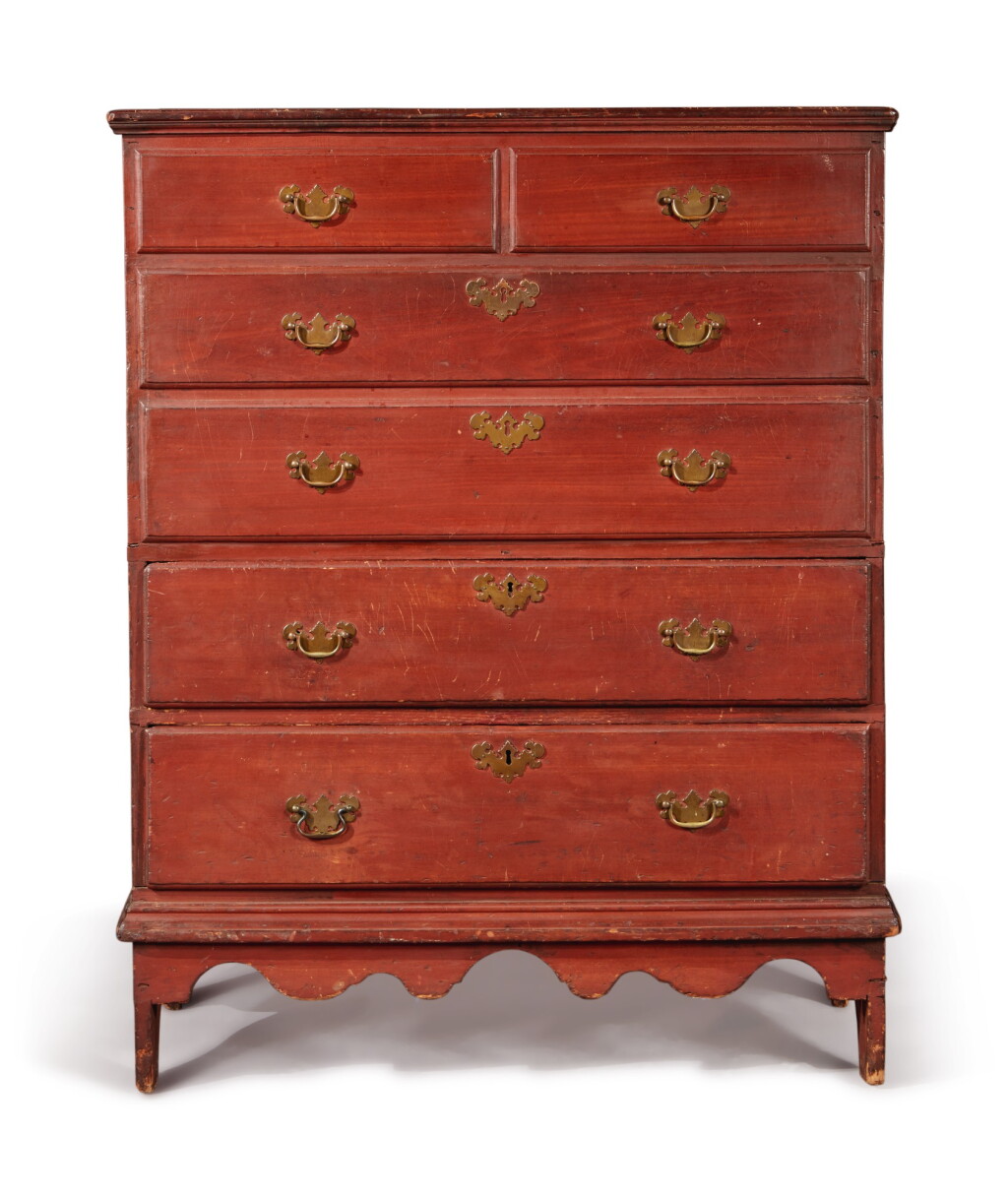 View full screen - View 1 of Lot 52. Queen Anne Red-Painted Poplar Two-Drawer Blanket Chest, Connecticut River Valley, circa 1760.
