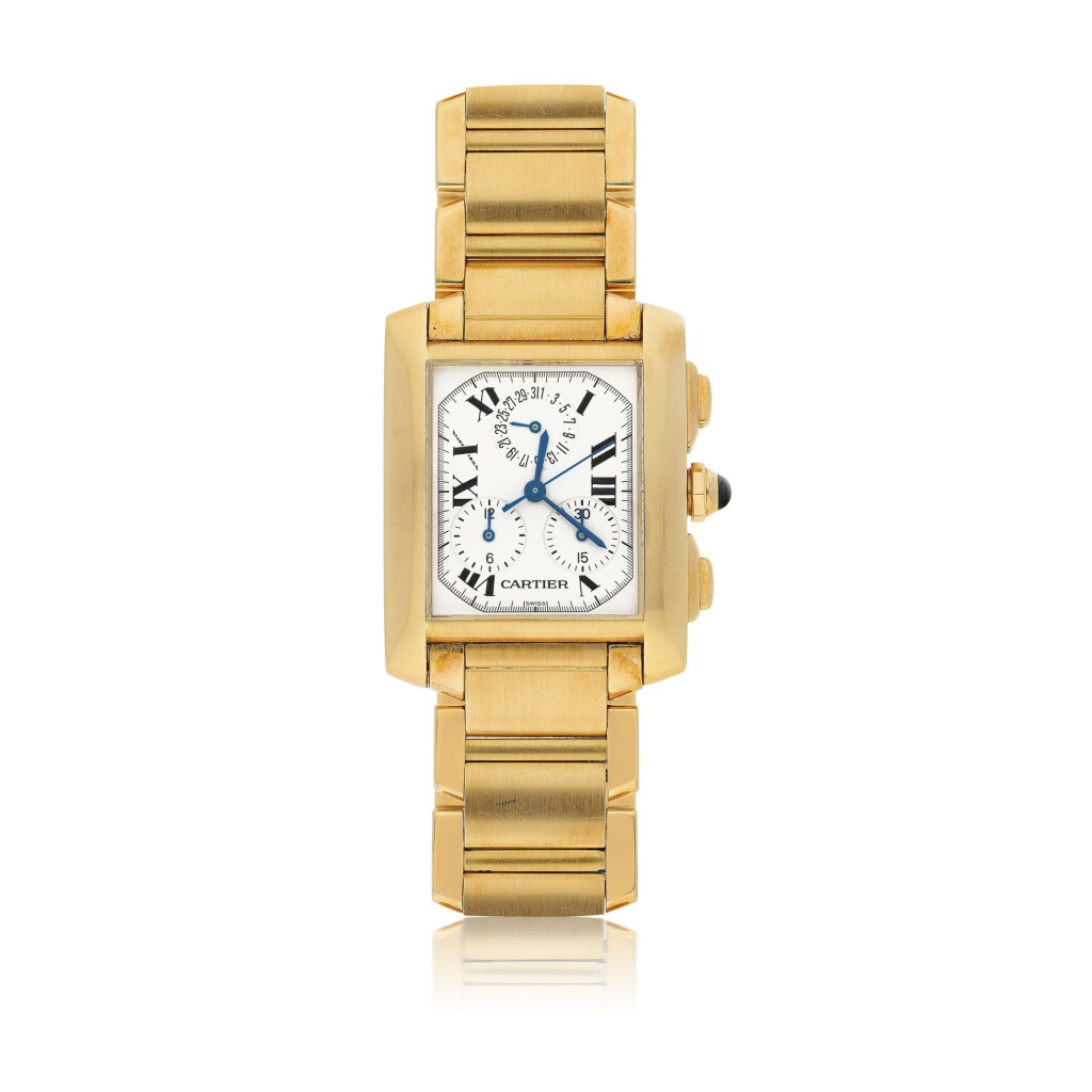 View full screen - View 1 of Lot 40. CARTIER | REF 1830 TANK FRANÇAISE CHRONOGRAPHE, A YELLOW GOLD RECTANGULAR CHRONOGRAPH WRISTWATCH WITH DATE AND BRACELET CIRCA 2000.
