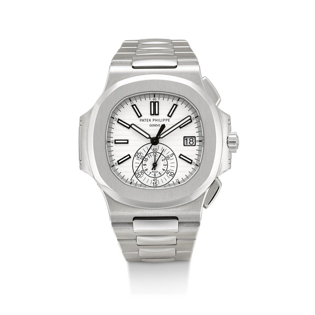 View full screen - View 1 of Lot 357. PATEK PHILIPPE | NAUTILUS, REFERENCE 5980 A STAINLESS STEEL FLYBACK CHRONOGRAPH BRACELET WATCH WITH DATE, CIRCA 2012.