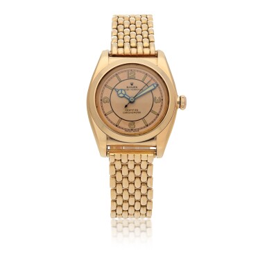 View full screen - View 1 of Lot 34. ROLEX | 'BUBBLEBACK', REF 3131 PINK GOLD WRISTWATCH WITH BRACELET CIRCA 1938.