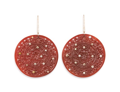 View full screen - View 1 of Lot 20. PAIR OF CARNELIAN, COLOURED DIAMOND AND DIAMOND EARRINGS, MICHELE DELLA VALLE.