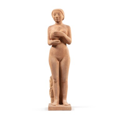 View full screen - View 1 of Lot 34. Woman holding a chicken | Femme tenant une poule.