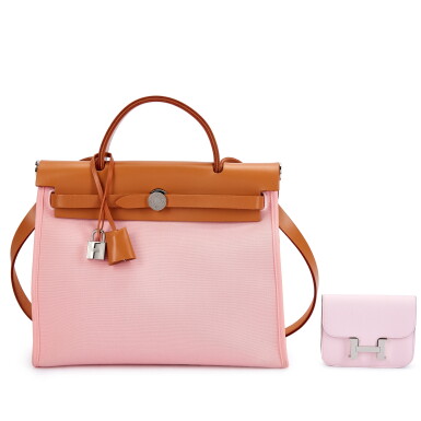 View full screen - View 1 of Lot 6080. Set of Two Naturel Sable Vache Hunter and Rose Sakura Toile Herbag Zip 31 Palladium Hardware, 2015 and Rose Darling Epsom Constance Slim Wallet Palladium Hardware, 2024.