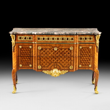 View full screen - View 1 of Lot 51. A gilt-bronze mounted kingwood, tulipwood veneered and parquetry commode "à la grecque", late Louis XV-early Louis XVI, circa 1770, stamped by Jacques Dautriche | Commode "à la grecque" en marqueterie et placage de bois de rose, bois de violette et monture de bronze doré d'époque fin Louis XV-début Louis XVI, vers 1770, estampille de Jacques Dautriche.