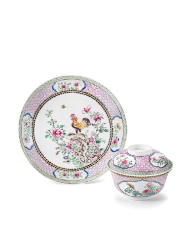 View full screen - View 1 of Lot 59. A famille-rose 'Chicken' bowl and cover and a famille-rose 'Chicken' saucer The bowl: Qing dynasty, Mark and period of Yongzheng The saucer: Qing dynasty, 18th century | 清雍正 粉彩公雞花卉紋蓋盌 《大清雍正年製》款 及 清十八世紀 粉彩公雞花卉紋盤.