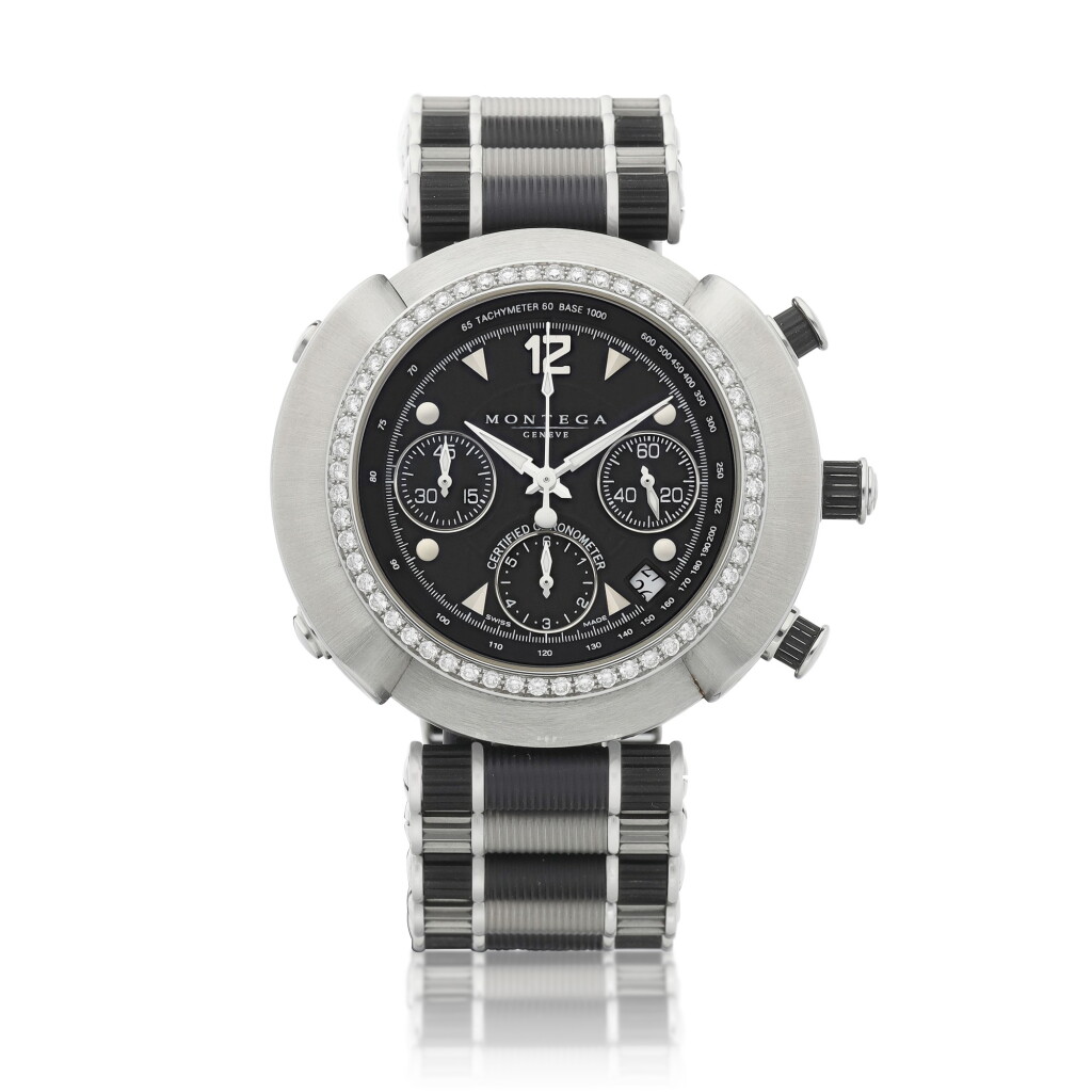 View full screen - View 1 of Lot 8129. MC 01, A stainless steel and diamond-set chronograph wristwatch with date, Circa 2014 MC01 | 精鋼鑲鑽石計時腕錶,備日期顯示,約2014年製.