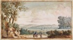 Two figures traversing a Landscape, one on horseback