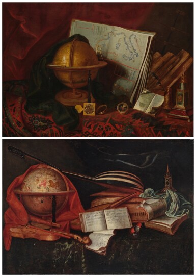 View full screen - View 1 of Lot 336. Still life with maritime navigation instruments, a handbell, an atlas, a globe all on a table with a model ship's mast in the background; Still life with a celestial globe, musical instruments, and sheet music on a table.
