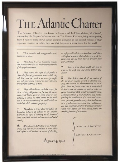 View full screen - View 1 of Lot 60.  Winston Churchill, and Franklin D. Roosevelt | "The Atlantic Charter", original U.S. Office of War information poster. Washington, D.C.: U.S. Office of War, 1943.