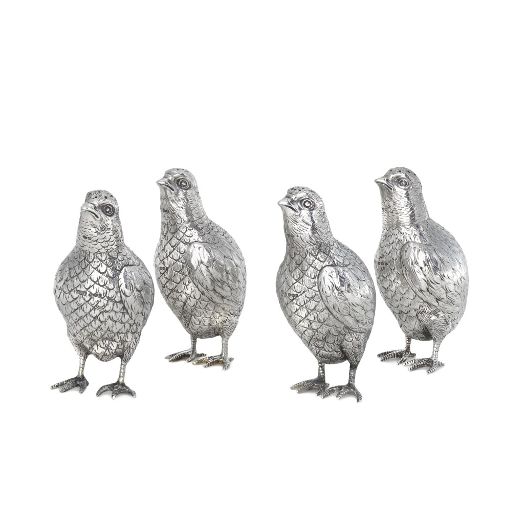 View full screen - View 1 of Lot 66. A set of four German silver bird condiment shakers, Neresheimer, Hanau, also with London import marks for 1921.