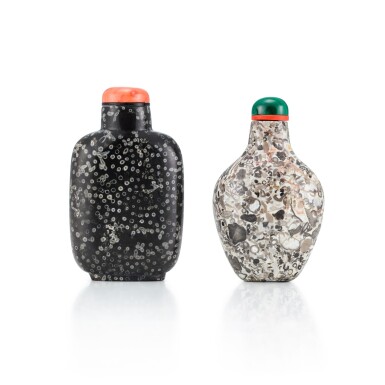 View full screen - View 1 of Lot 3043. Two Fossiliferous Limestone Snuff Bottles Qing Dynasty, 18th - 19th Century | 清十八至十九世紀 石化石灰石鼻煙壺兩件.