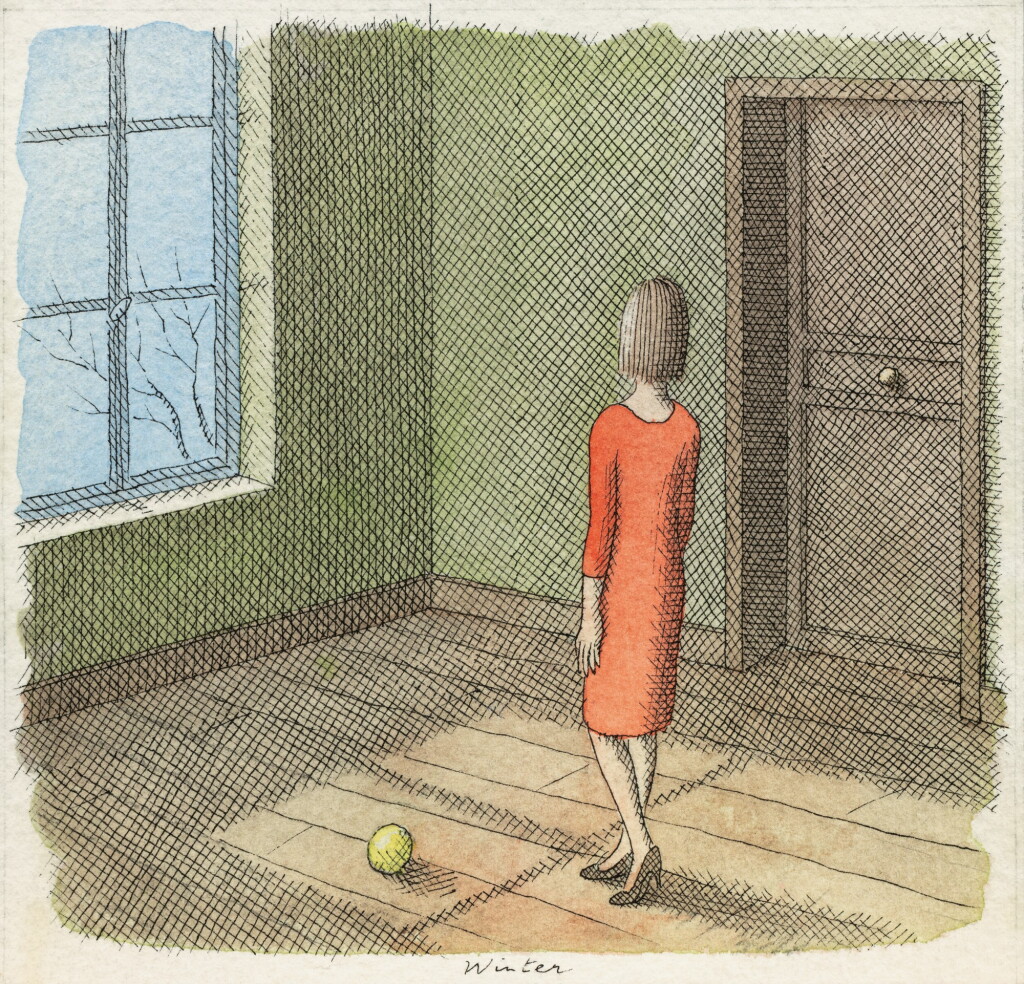 View full screen - View 1 of Lot 201. Une femme dans un intérieur regardant par la fenêtre, une balle jaune devant elle .