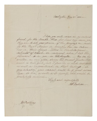 View full screen - View 1 of Lot 57. DOROTHY TODD PAYNE MADISON ("DOLLEY") | In a letter written two years after her husband's death, Dolley Madison seeks assistance with the publication of his notes from the Constitutional Convention.