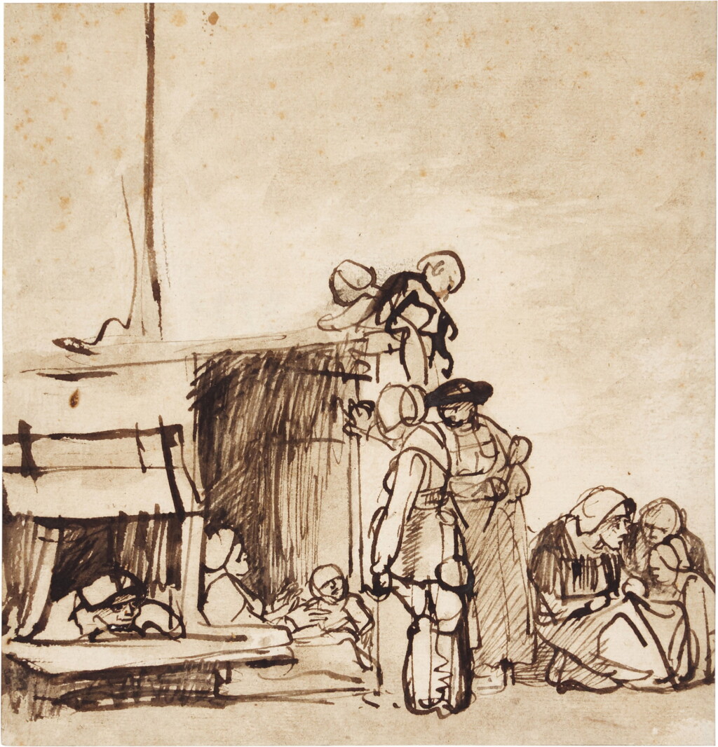 View full screen - View 1 of Lot 215. ATTRIBUTED TO CAREL FABRITIUS | PEASANTS GATHERED OUTSIDE A HUT.