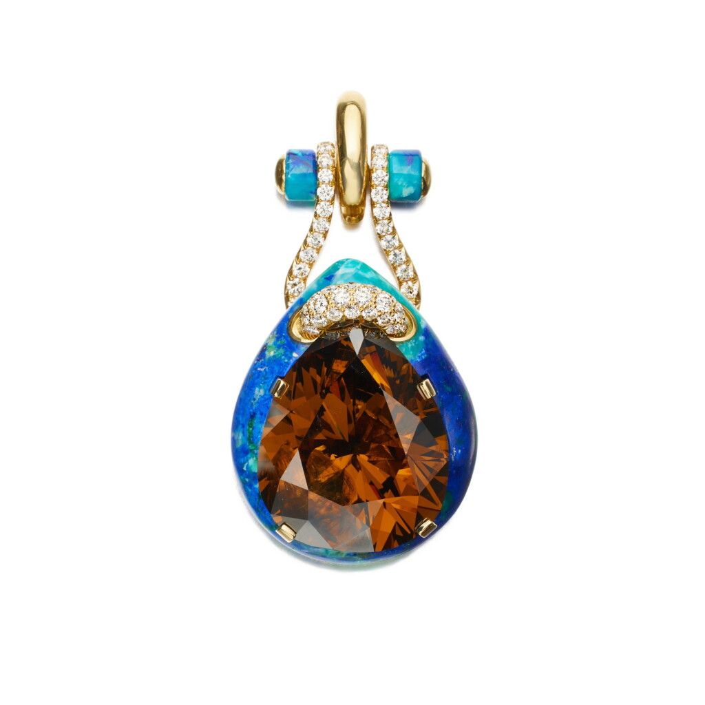View full screen - View 1 of Lot 532. Fancy Deep Orange-Brown diamond, azurmalachite and diamond pendant, 'The Earth Star' .