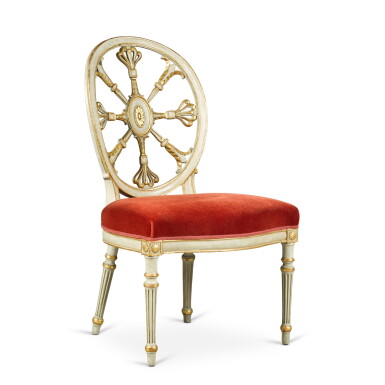 View full screen - View 1 of Lot 26. A set of ten parcel-gilt grey-painted side chairs, after a design by Gillows, six late 18th century, two armchairs and two side chairs of a later date.
