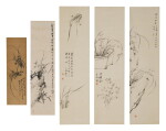 A group of five paintings depicting orchids | (款)竹禪《墨蘭圖》水墨紙本 立軸、日本(款)小室翠雲《石蘭繪》水墨紙本 立軸、(款) 鄭際平《臨石刻蘭圖》水墨紙本 立軸、(款)鄭際平《蘭花》水墨紙本 立軸 及 (款)鄭際平 《空谷幽香》水墨紙本 立軸一組五件