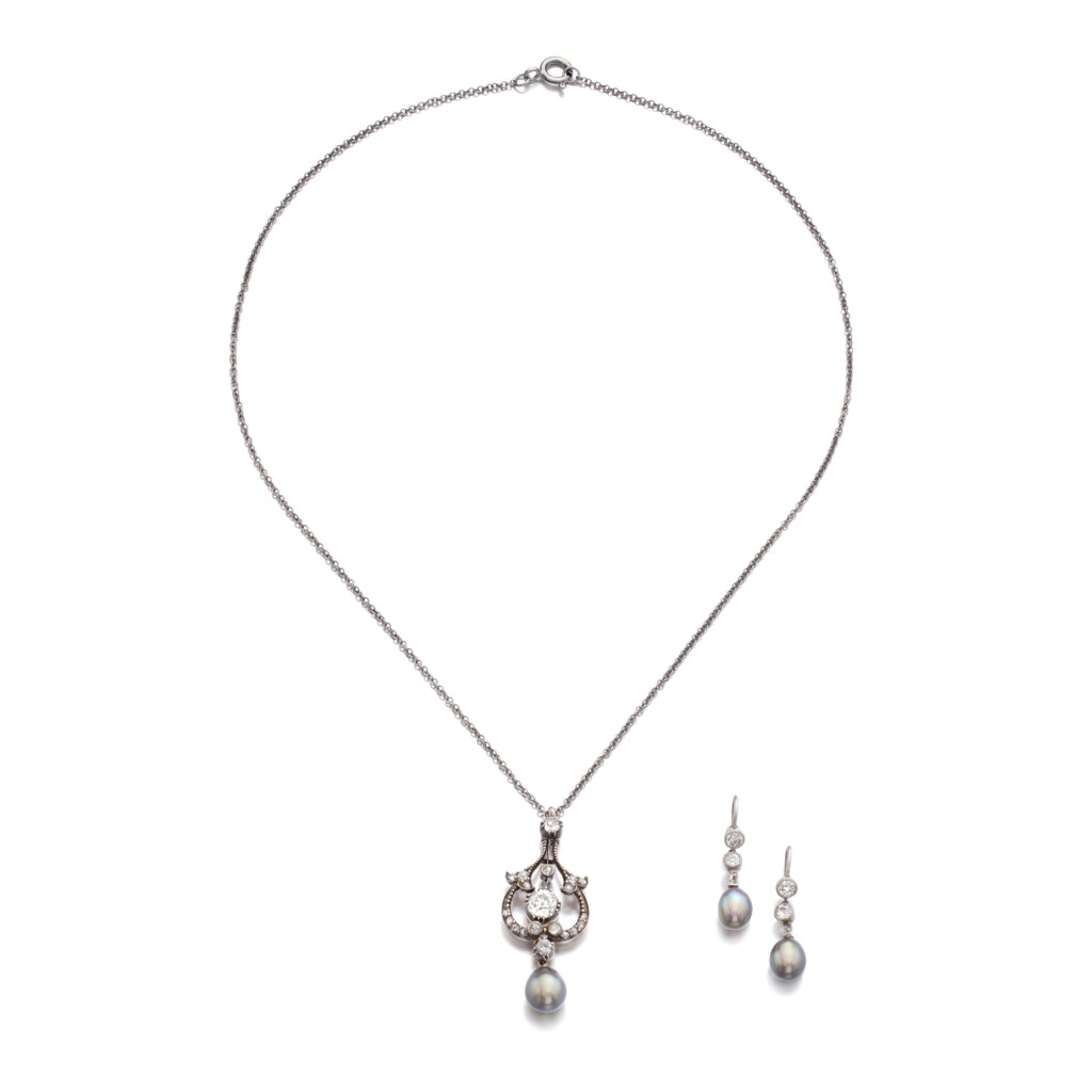View full screen - View 1 of Lot 943. Natural pearl and diamond necklace and a pair of earrings.