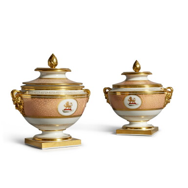 View full screen - View 1 of Lot 1141. A Pair of Worcester (Barr, Flight and Barr) Salmon Pink-Ground Crested Ice-Pails, Covers and One Liner, Circa 1807-13.