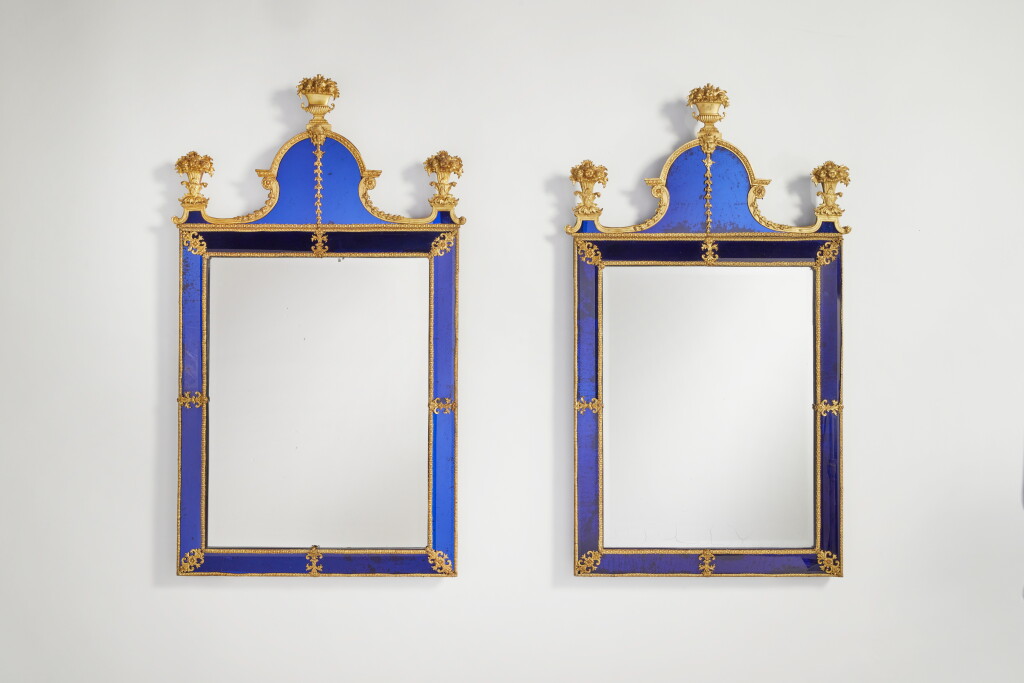 View full screen - View 1 of Lot 28. A Near Pair of Swedish Baroque Blue Glass and Gilt Metal Pier Glasses Attributed to Burchard Precht, Early 18th Century.