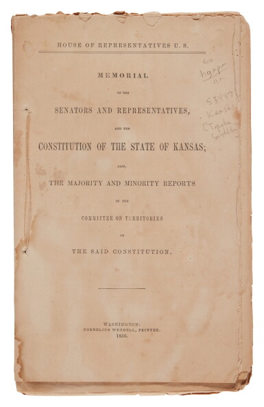 View full screen - View 1 of Lot 119. Kansas | The "Topeka" Constitution: "There shall be no slavery in this State.".