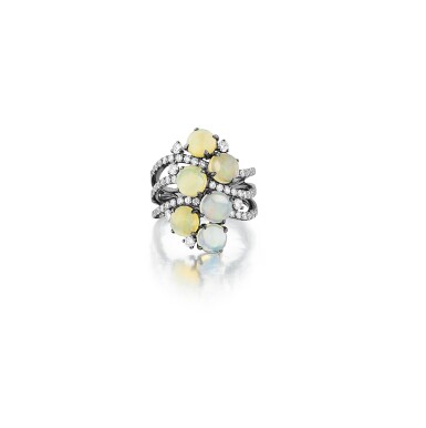 View full screen - View 1 of Lot 249. Bague opales et diamants | Opal and diamond ring.