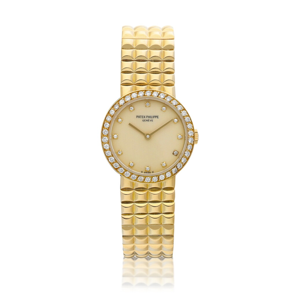 View full screen - View 1 of Lot 8074. Calatrava Lady, Reference 4746 | A yellow gold and diamond-set bracelet watch, Circa 1990 | 百達翡麗 | Calatrava Lady 型號4746 | 黃金鑲鑽石鏈帶腕錶,約1990年製.