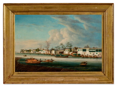 View full screen - View 1 of Lot 171. A China Trade Riverscape, Qing Dynasty, 19th Century | 清十九世紀 河畔風光 油彩畫布 裝框.