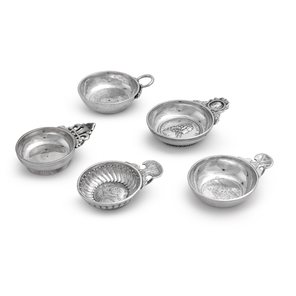 View full screen - View 1 of Lot 25. Five French 18th century silver wine tasters, various dates and makers.